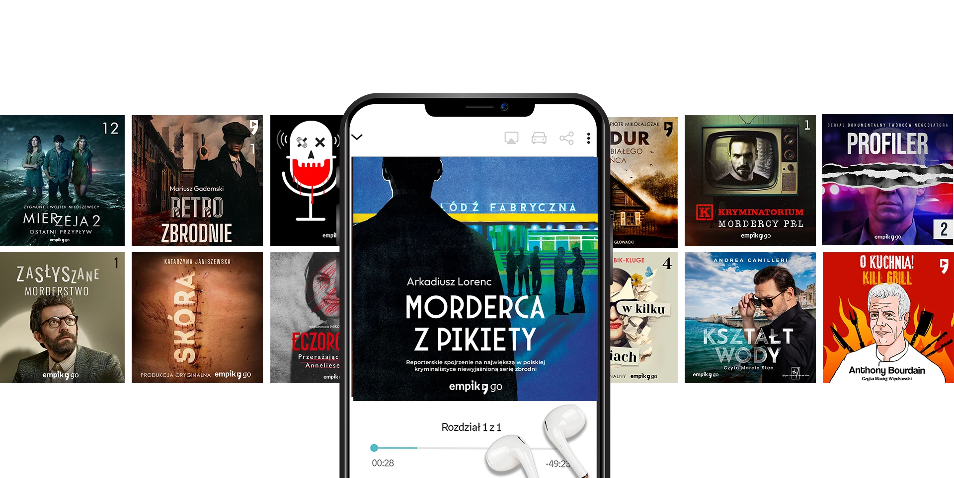 Ściana okładek audiobooków z telefonem odtwarzającym audiobook
