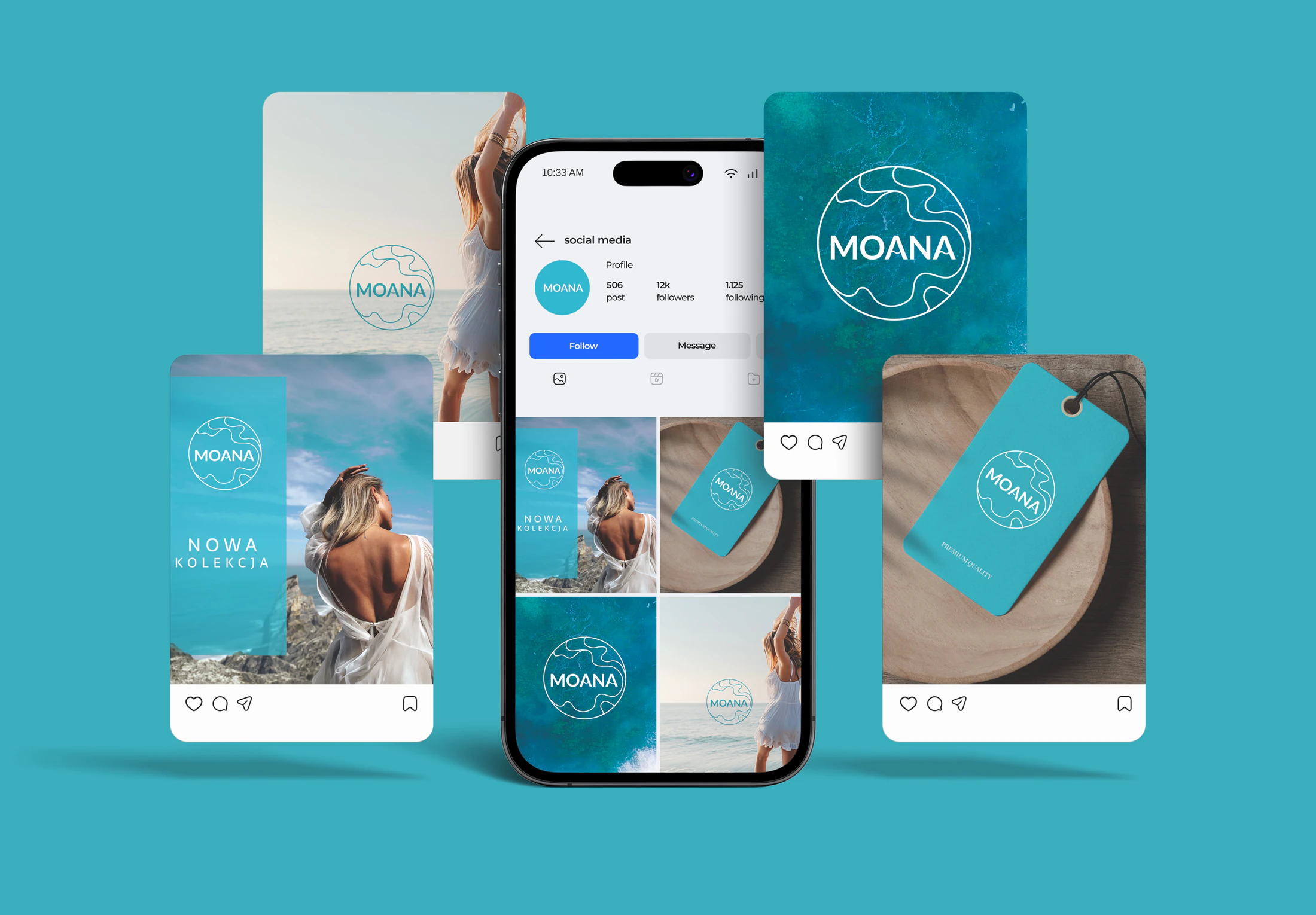 Logo i identyfikacja wizualna marki Moana o morskim, lifestyle’owym charakterze.